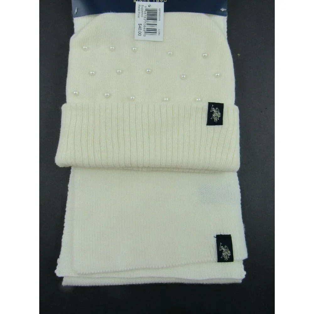 U.S. Polo Assn. Women's Simulated Pearls Knit Hat & Scarf Set Ivory One Size New